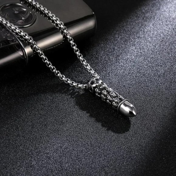 New Trendy Silver Skull Bullet Necklace for women/men - Picture 3 of 7